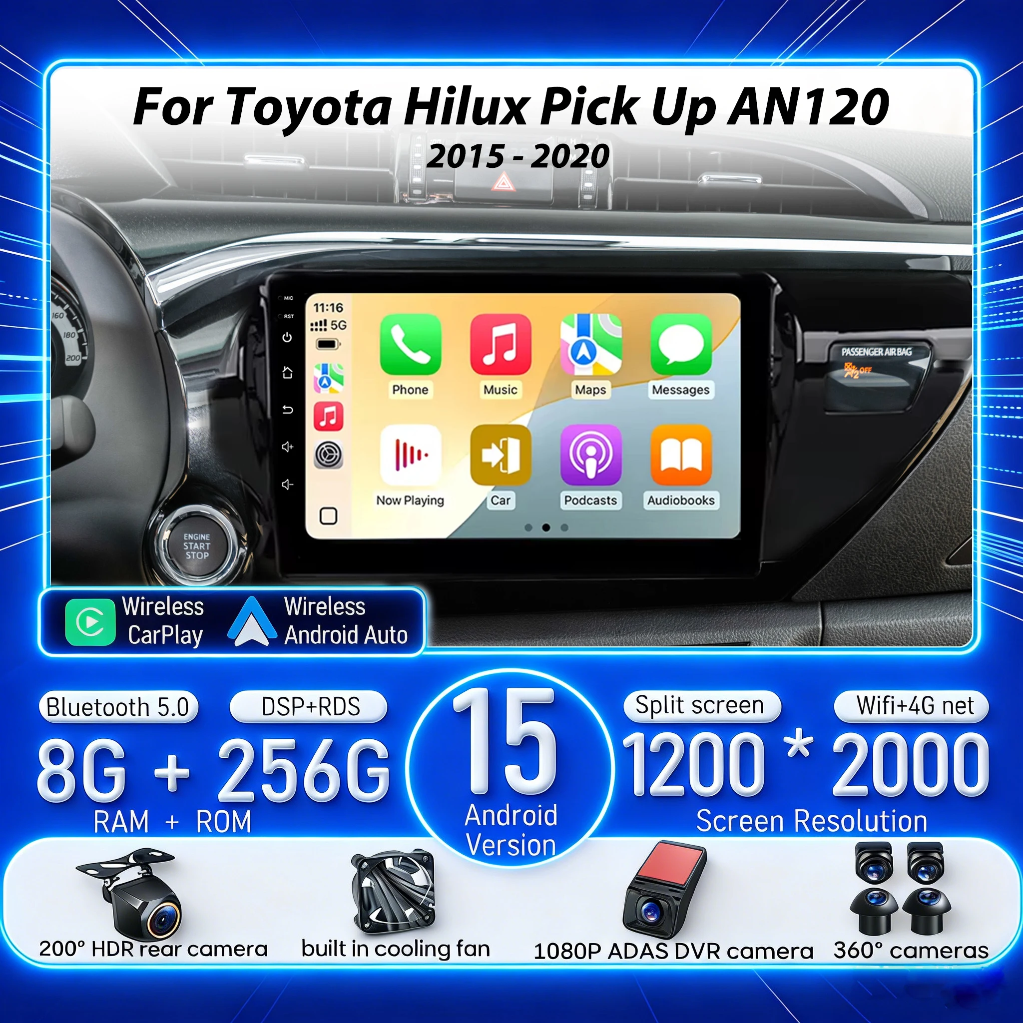

Для Toyota Hilux Pick Up AN120 2015-2020: Беспроводной Android Auto/CarPlay, автомобильная мультимедийная система, радио, видеоплеер, головное устройство, навигация