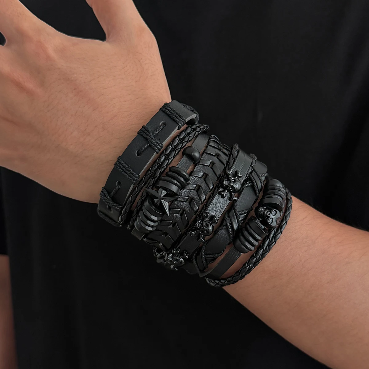 IngeSight.Z 6Pcs/Set Gothic Style Multilayer Woven Leather Bracelets Men Halloween Creative Stars Skull Bangle Jewelry Accessory