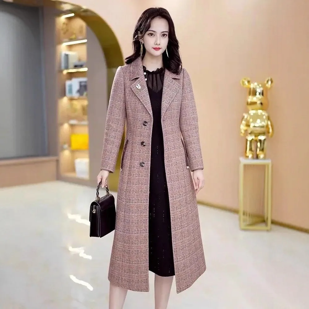 Tartan Knee-Length Woolen Coat Women's Autumn Winter New Fashion Slimming Midi Coat Casual Style Com