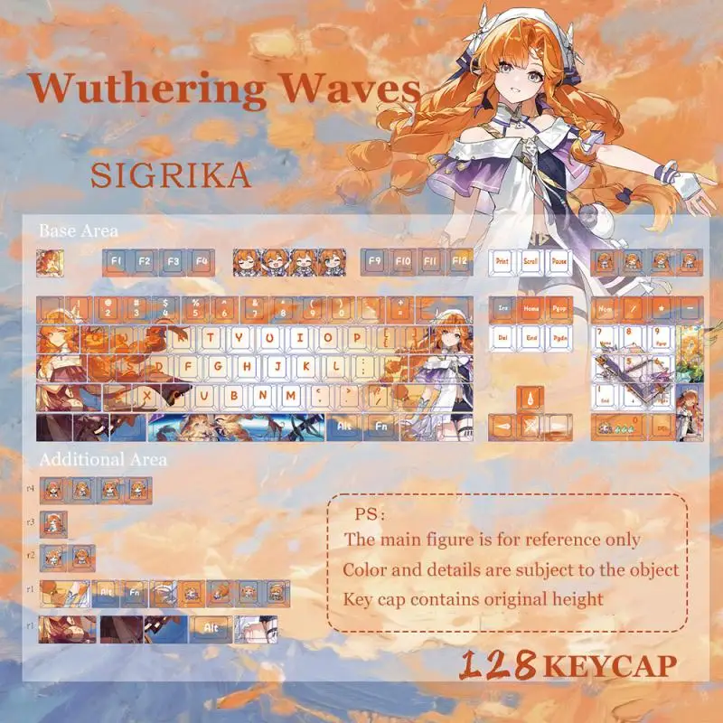 Anime Wuthering Waves Siglka PBT 128 Tastenkappen Cosplay-Requisiten Seitengravierte Mechanische Tastenkappen Gaming-Tischzubehör – Detail 2