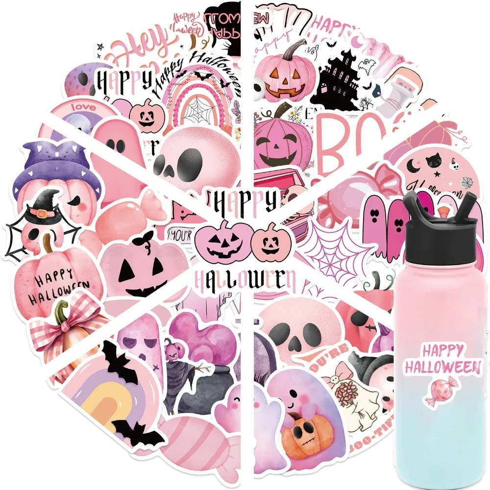 ملصقات جرافيتي من سلسلة الهالوين الوردية مكونة من 50 قطعة - شارات زخرفية مقاومة للماء من مادة PVC لحافظات الهواتف والأمتعة وأجهزة الكمبيوتر المحمولة