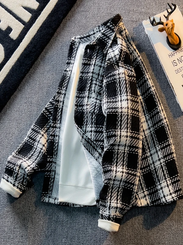 

Preppy Sle Color Blo Plaid Jaet Men's Loose Casual irt Teenager Autumn Polyester Fabric Straight Hemline ort Coat