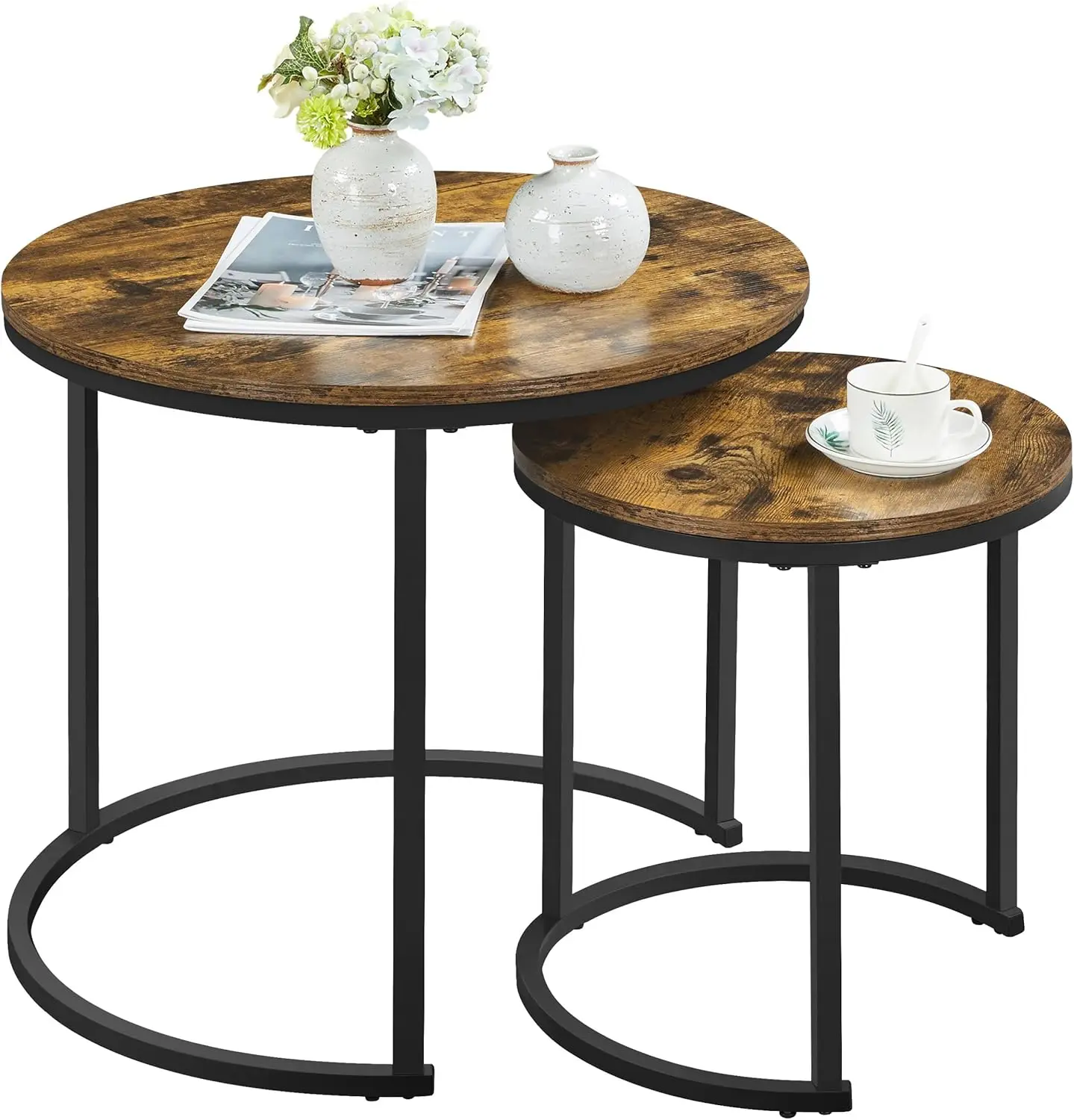 Yaheetech Nesting Coffee Table, Round Coffee Table for Living Room, Nesting Table with Wooden Tabletop and Sturdy Metal Frame,