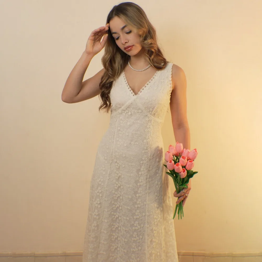 Elegante abito lungo senza maniche in pizzo donna estate telai scollo a V canotta vestito estivo donna femminile vestiti 2025 stile coreano