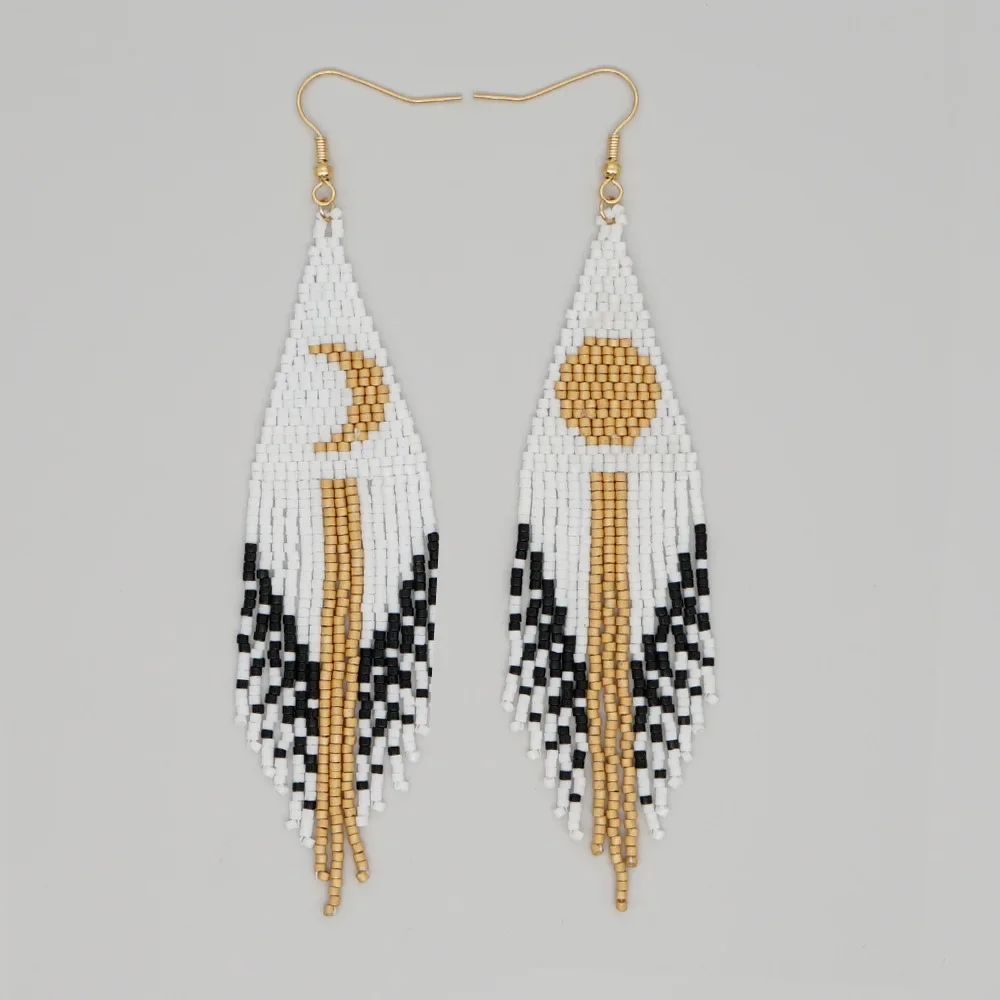 Rice bead earrings Tassel Symmetry Sun Moon Design Originality Hand knitting Bohemia Alloy Fashion Simple Beaded earrings