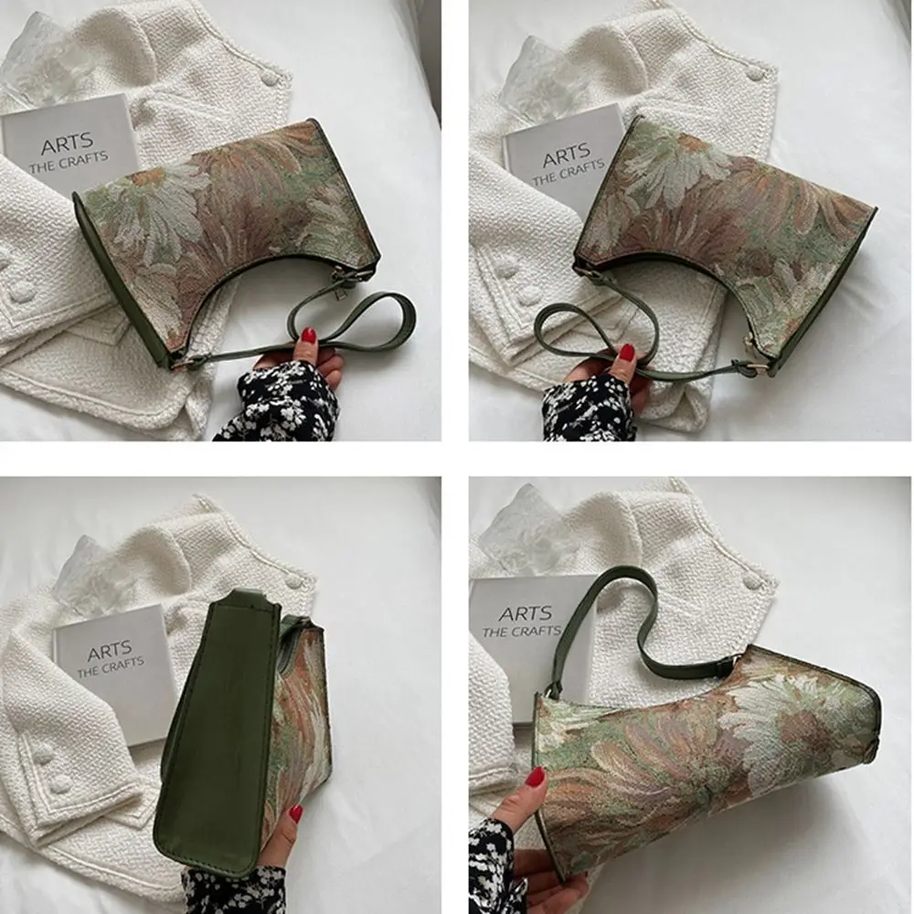 Canvas Oil Painting Shoulder Bag Portable Chinese Style Printed Flower Underarm Bag Handbag Tote Bag Shoulder Bag Travel