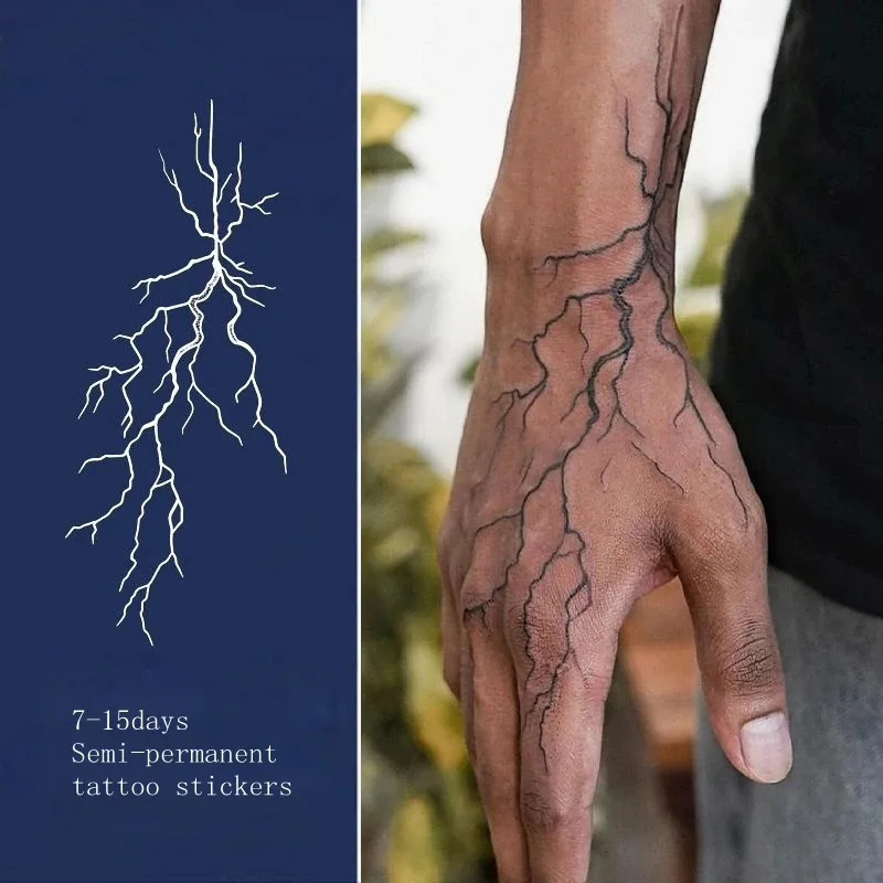 New Lightning Hand Back Herbal Juice Tattoo Stickers Waterproof Semi-Permanent Fake Tattoo Arms Legs Lasting Men Women Tatuajes