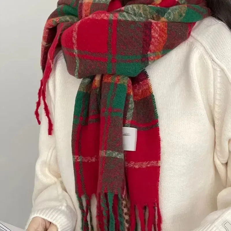 Christmas Retro Cashmere Scarf Tassel Plaid Double Sided Scarf Lady Winter Thickened Warm Long Shawl New Year Gift Outdoor Ride