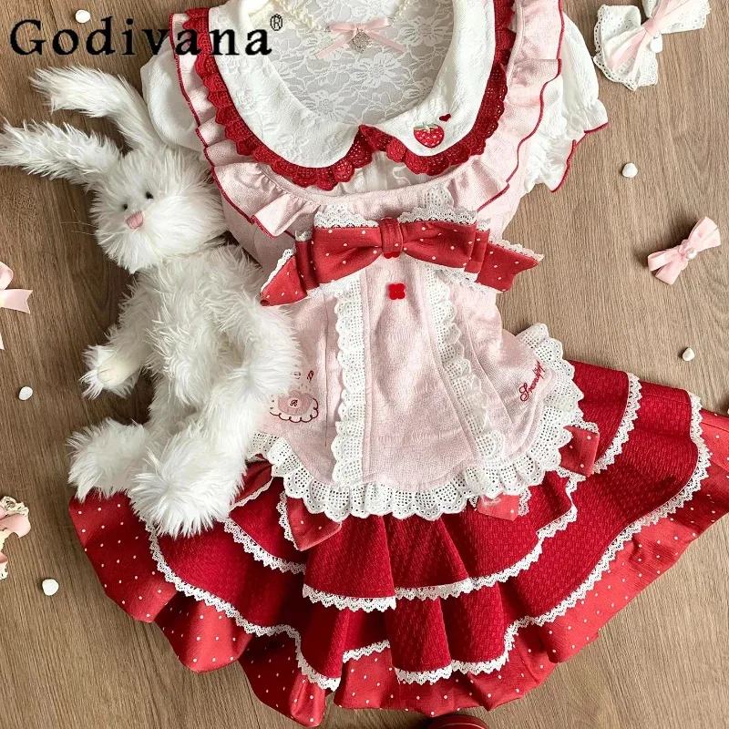 

CyGirly Polka Dot Bow Dress Set Women Lace Halter Neck Doll Collar Shirt Puffy Princess Dress Lady Sweet Three Piece Suit
