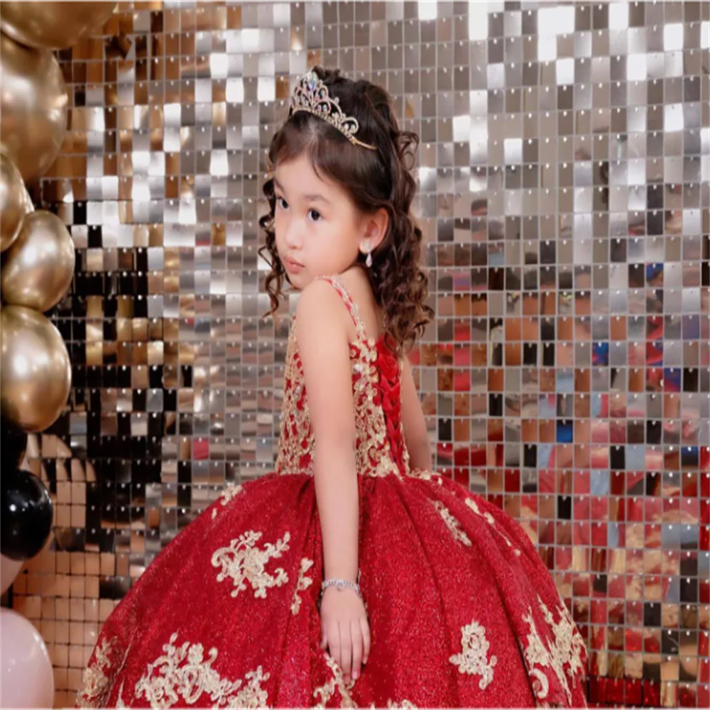 Luxury Red Sequined Ball Gown Toddler Little Girls Pageant Prom Dress for Kid Flower Girl Party Gowns Birthday Wear