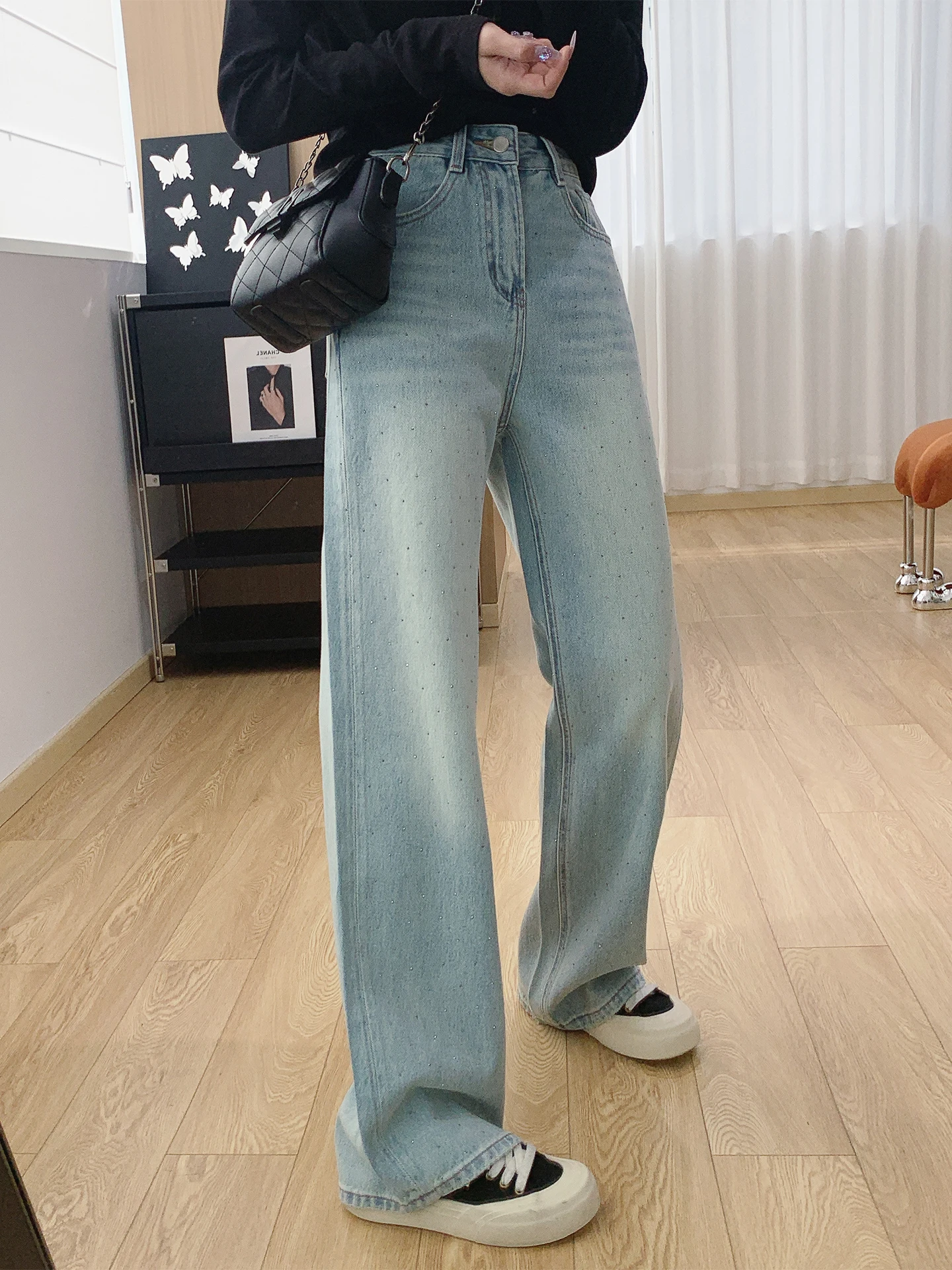 

iny Diamond Embellied High Waist Straight Leg Wide Leg Jeans Women's Loose Fit Spring 2026 New Sle Cotton Denim Pants