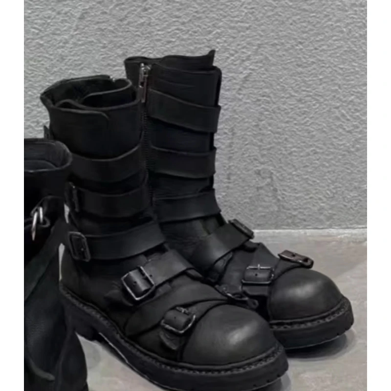 Men's Multi Buckle Straps Chunky Heels Mid-Calf Boots 2026 Side Zipper Round Toe Work Boots Fashion Gothic Boots Men Shoes
