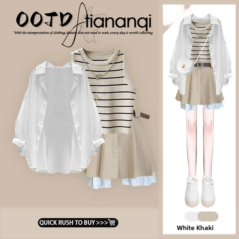 

Spring Knitted Tee-Piece Set Women's Faion ature Wind irt Skirt Vest Sweater Combination Ele Casual Outfit