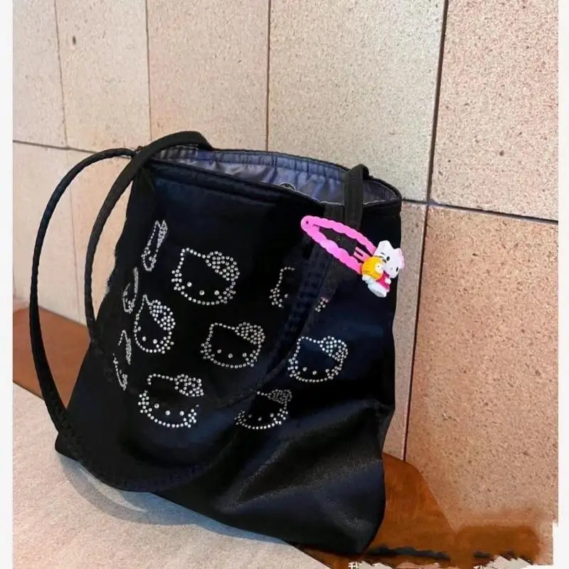 New Sanrio Hello Kitty Shoulder Bag Hot Diamond Satin Silk Bag Cute High-End Versatile Tote Handbag Women's Handbag Gift