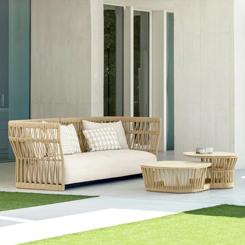 Outdoor villa courtyard, leisure hotel bed and breakfast sofa chair, open-air rope coffee table, waterproof and sunscreen sand
