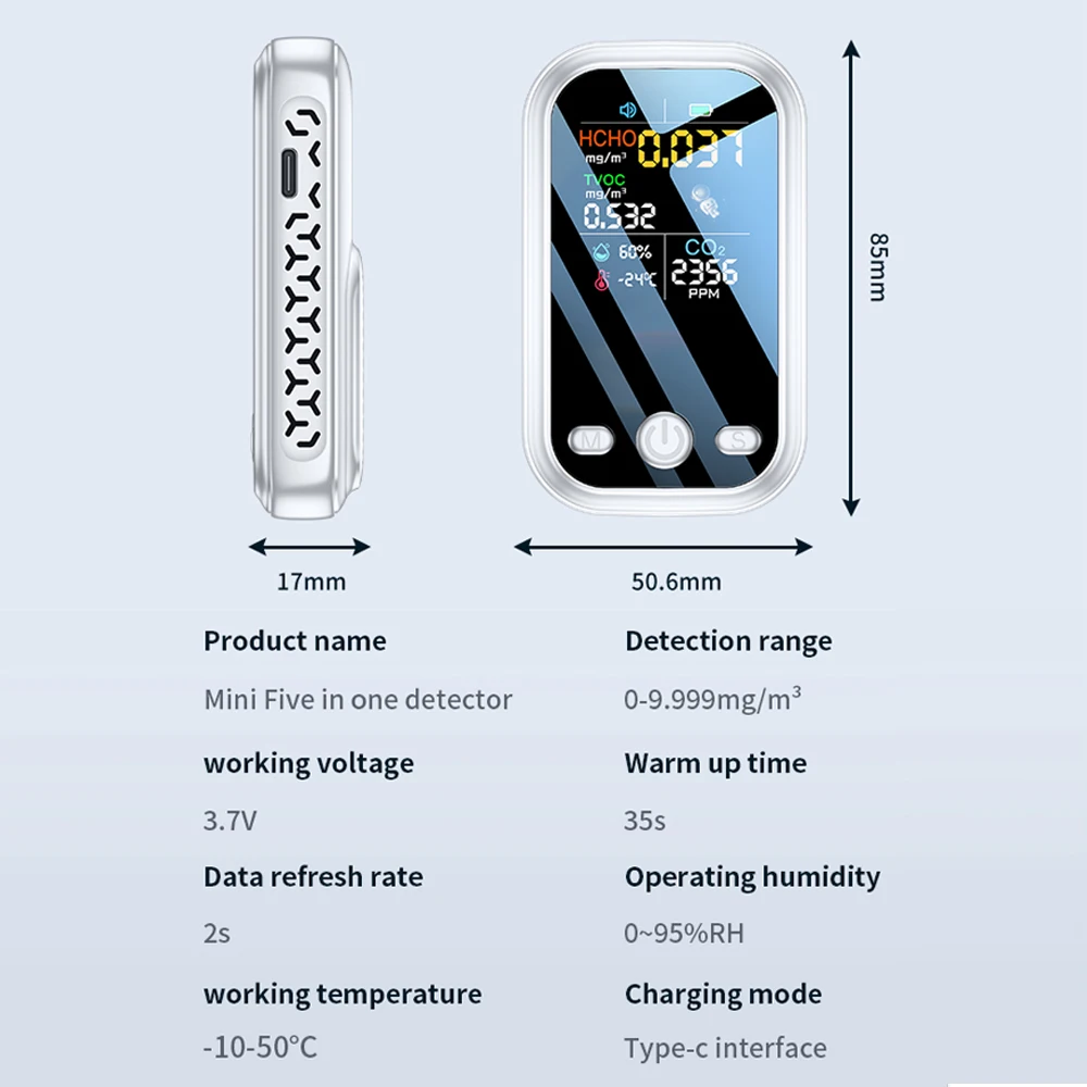 Multifunctional 5 in 1 CO2 Meter Digital Temperature Humidity Tester CO2 sensor TVOC HCHO CO2 PM2.5 Detector Air Quality Monitor