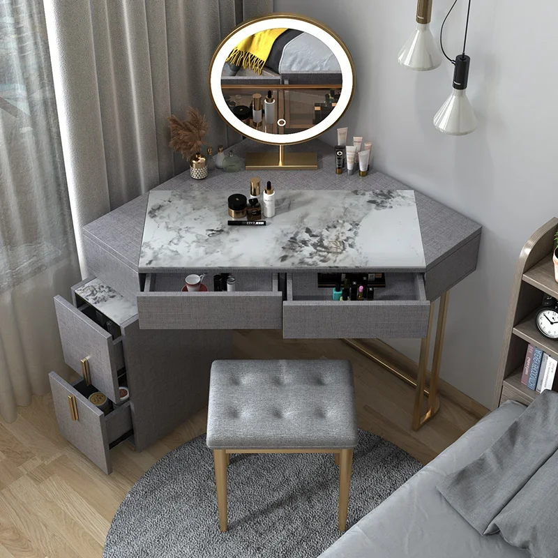 

Girls Glass Storage Vanity Table Lights Luxury Woman Cabinet Mirror Bedroom Dressers Makeup Desk Drawers Coiffeuse Furniture