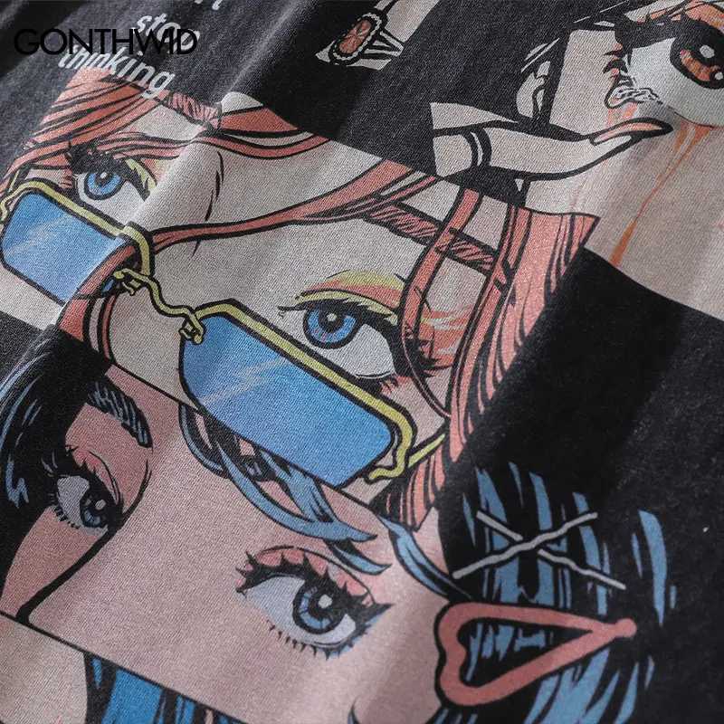 Distressed Oversize T Shirt Streetwear Japanese Anime Eyes Print Retro Tshirt 2024 Hip Hop Casual Cotton Loose T-Shirt Black