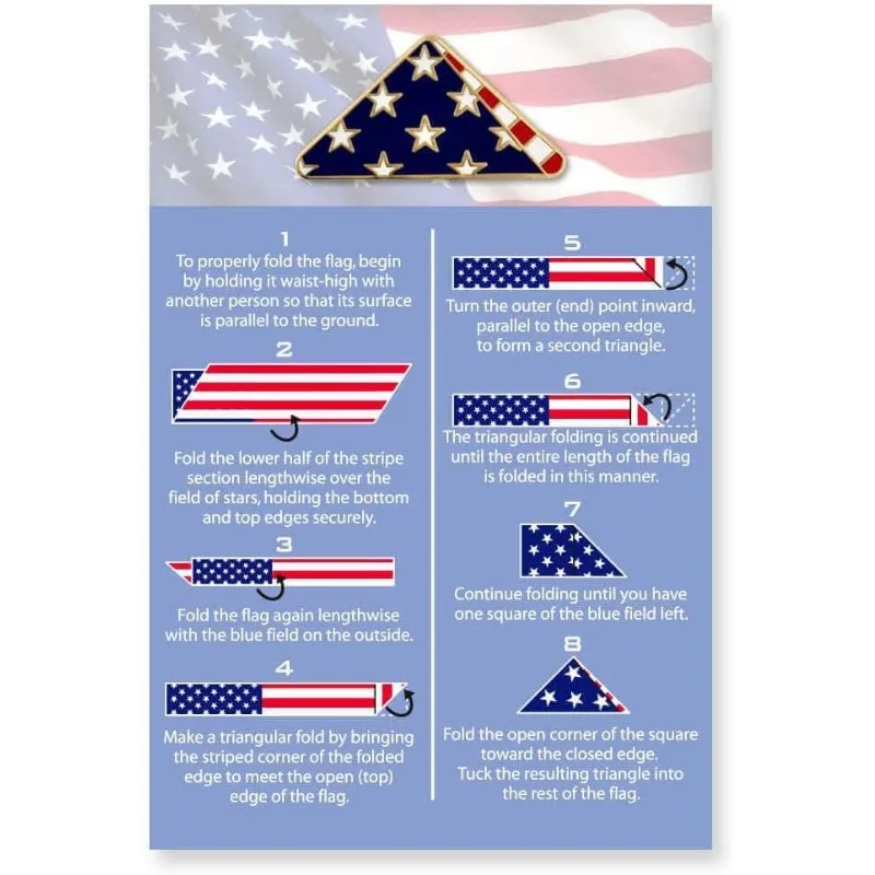 Folded American Flag Memorial Veteran Lapel Pin on Instruction Card - Patriotic Enamel Pins for Clothing, Hats, Backpacks