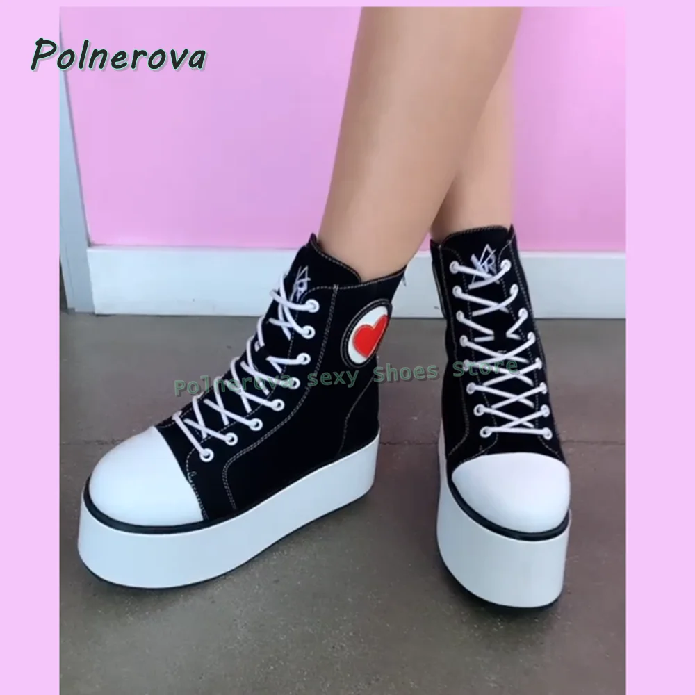 Women's Sweet Goth Black White Platform Boots Lace Up Red Heart Y2K Gothic Punk Clubwear Cosplay Ankle Boots 2026 Spring Trend