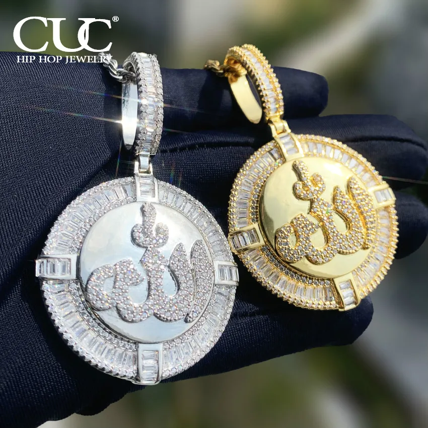 CUC Iced Out Gold Color Round Muslims Allah Necklace Pave Zircon Baguette CZ Hip Hop Pendant Women Men Jewelry