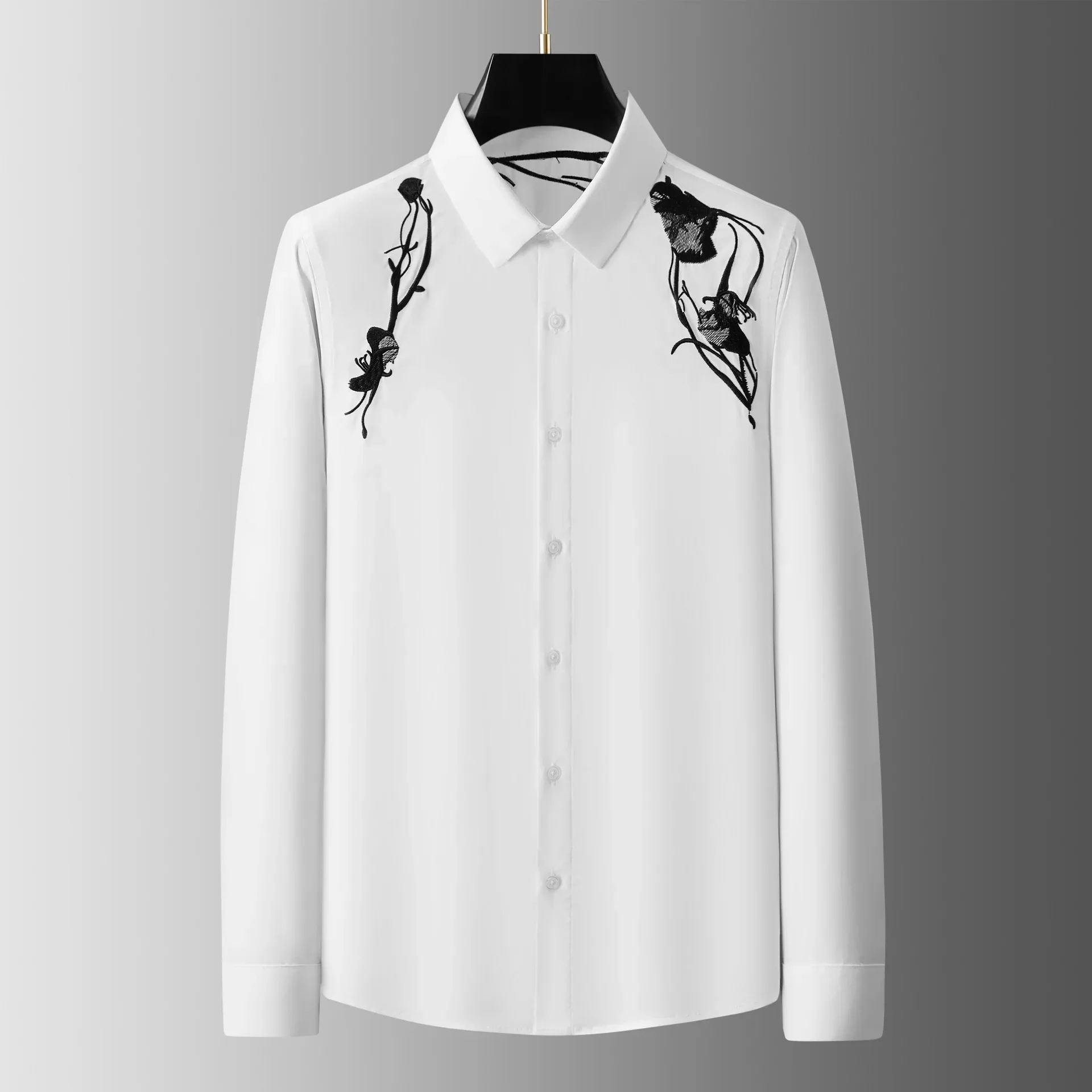 

Brand Autumn Flower Embroidery Shirts Men Cotton Slim Long Sleeved Shirt Fashion Casual Business Stage Performance Dress Shirt