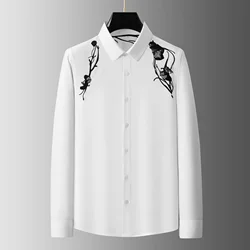 Brand Autumn Flower Embroidery Shirts Men Cotton Slim Long Sleeved Shirt Fashion Casual Business Stage Performance Dress Shirt