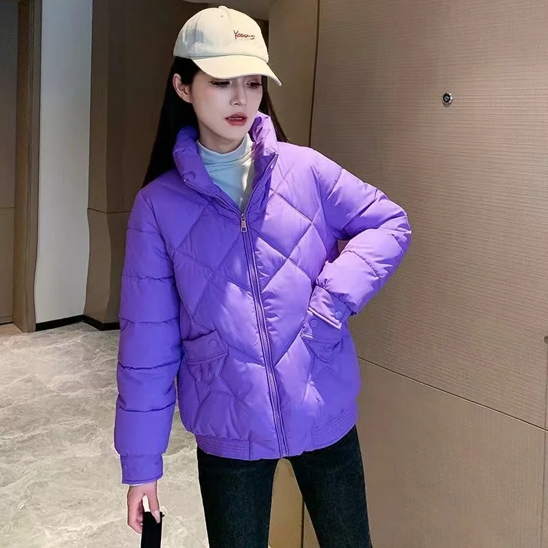 Chaqueta de plumón de algodón para mujer, Parka informal holgada y cálida de color liso con cuello alto, prendas de vestir para invierno, novedad de 2024