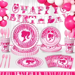 Pink Barbie Themed Happy Birthday Holiday Party Disposable Tableware Supplies Baby Show Paper Plate Cup Paper Towel BAG