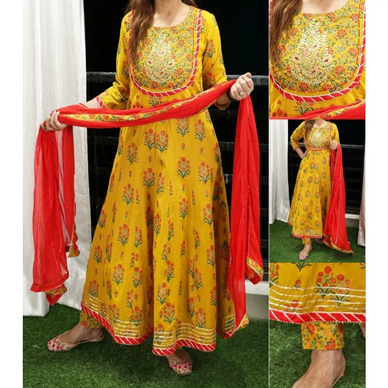 

Celebrity Anarkali Kurti Pants Yellow Stylishkurta Dupata Long Horn Dress Long Shirt