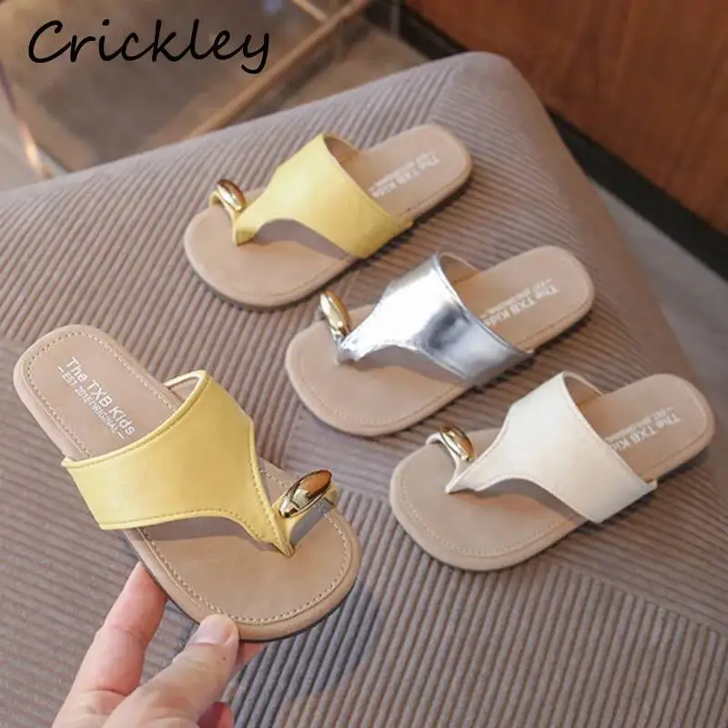 Fashion Solid Children Slippers 2026 PU Leather Non Slip Kids Flip Flops Summer Barefoot Beach Girls Gladiator Shoes