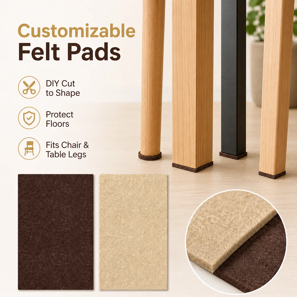 Customizable Felt Pad Sheet for Furniture Legs, DIY Cut-to-Fit Floor Protectors for Chairs Tables Brown Beige