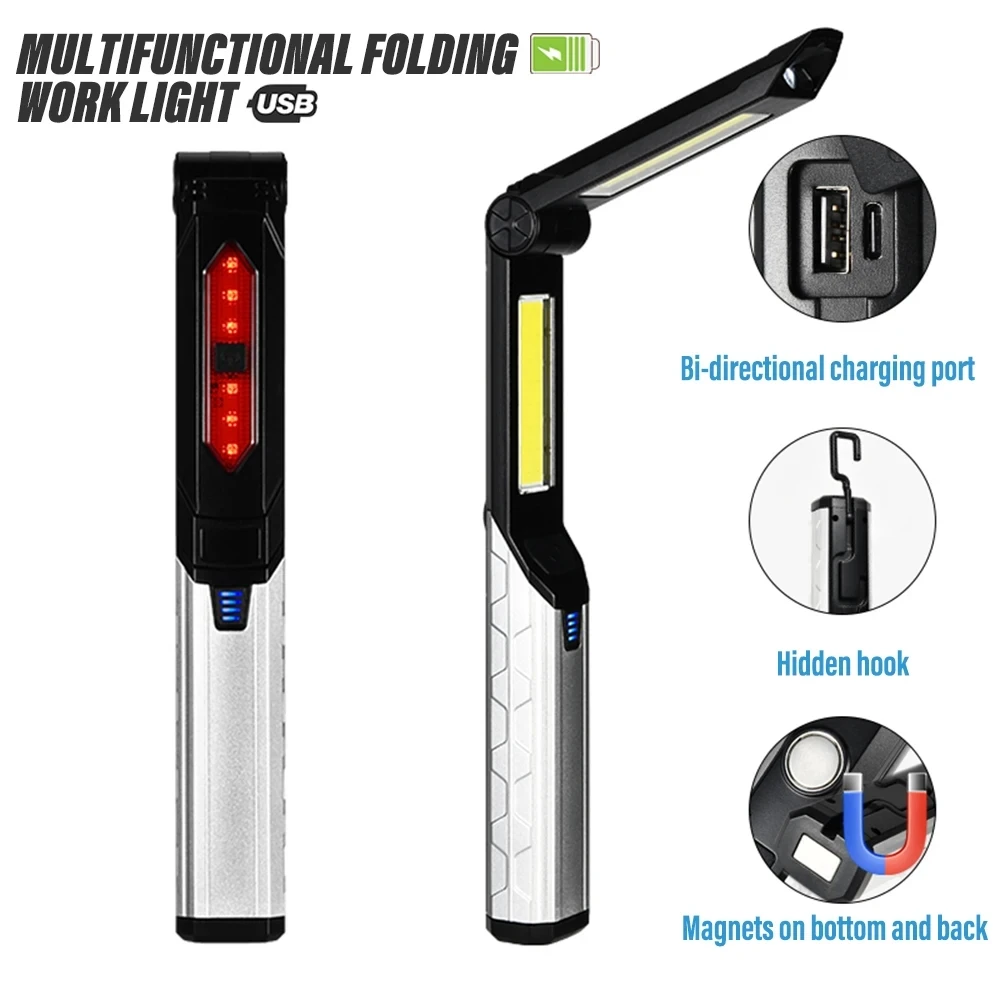 Super Bright LED+COB Flashlight Rechargeable Torch Portable Work Light Outdoor Camping Light with Portable Hook Magnet Design