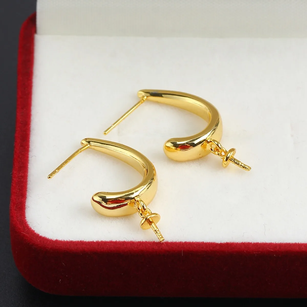 Brass 14K Gold Plated Smooth Plain Pearl Hoop Earring Blank Setting, Elegant S925 Silver Needle DIY Jewelry Findings For Women