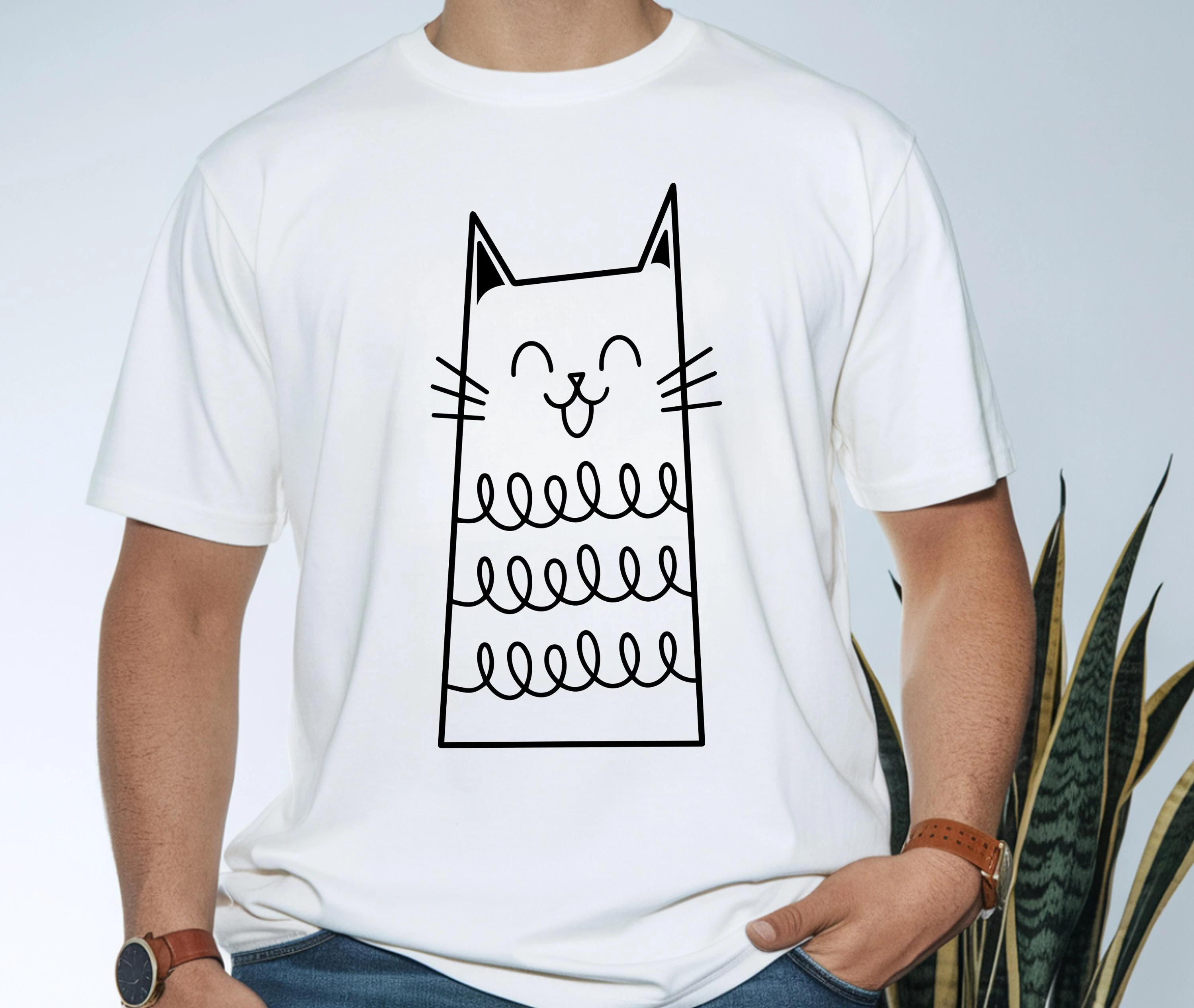 Korean Cute Minimalist neutral T-shirt Happy Line Art Cat Print Casual Round Neck Short Sleeve Summer Loose Daily Kawaii Top