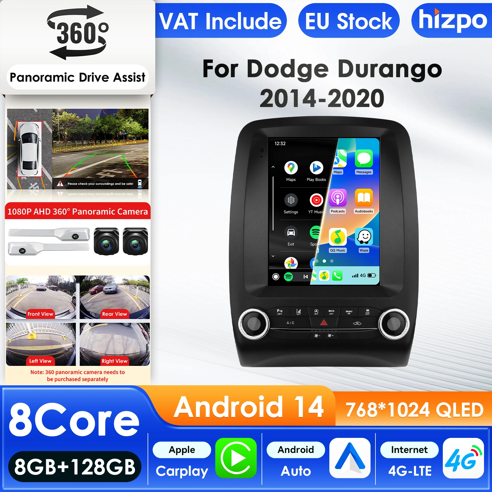 Hizpo Android Auto Autoradio für Dodge Durango 2014-2020 Audio-Player CarPlay Multimedia GPS Bluetooth WIFI FM RDS Autoradio AI 9,7 Zoll Tesla-Stil Intelligenter Bildschirm QLED-Display Automotive