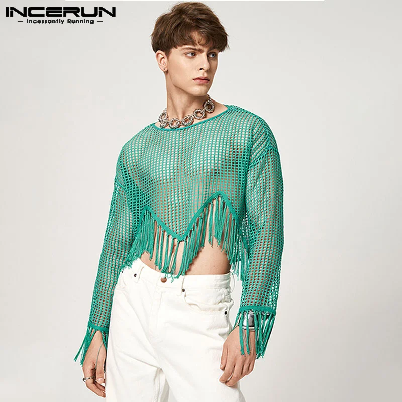 Casual Party Hot Selling Tops INCERUN New Men's Knitted Hollow T-shirts Sexy See-through Mesh Tassel Short Long Sleeve Camiseta