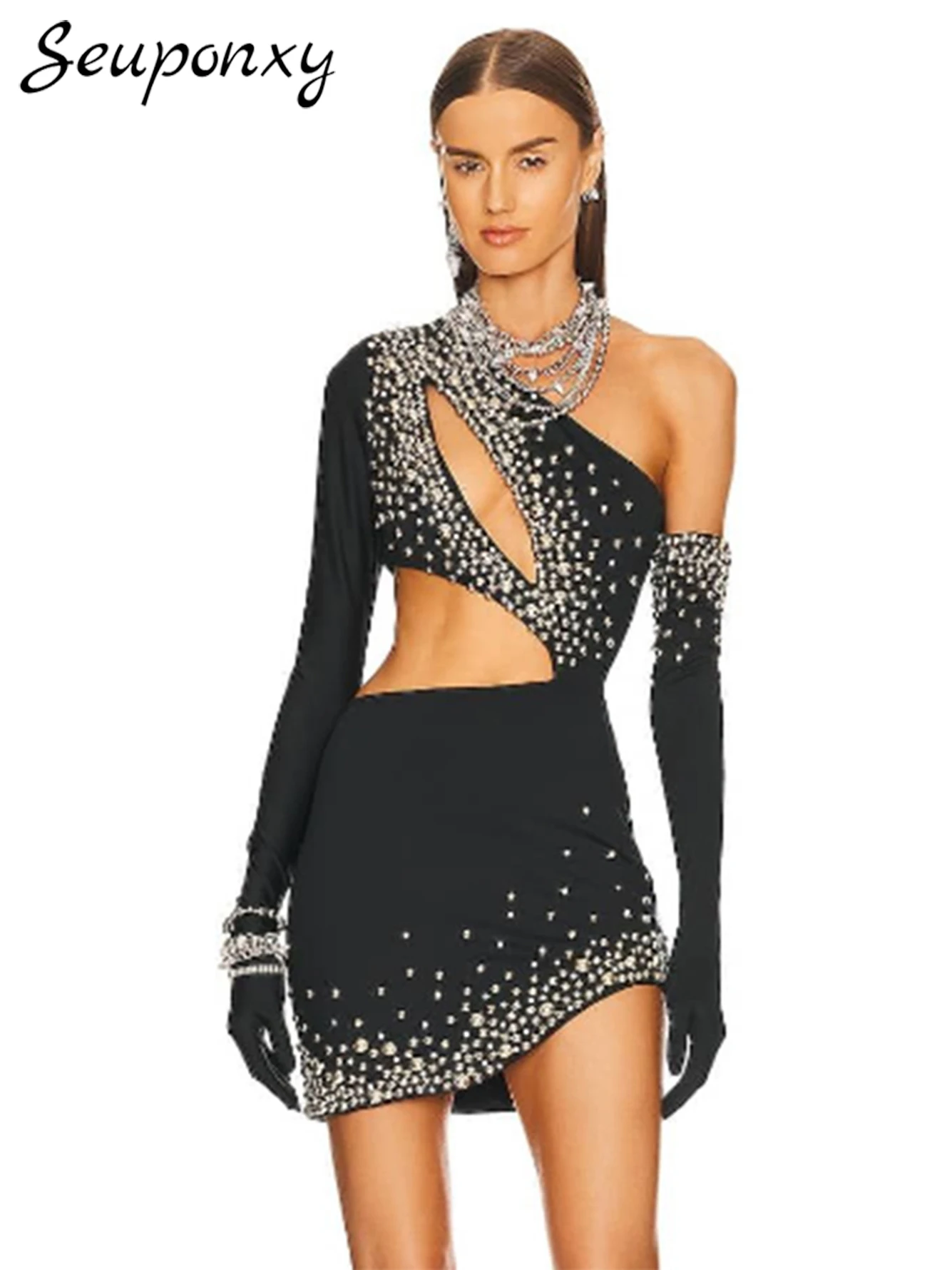 

High Quality Women'S Sexy Hollow Out One Shoulder Long Sleeved Gloves With Willow Nail Bandage Dress Elegant Club Party Dress