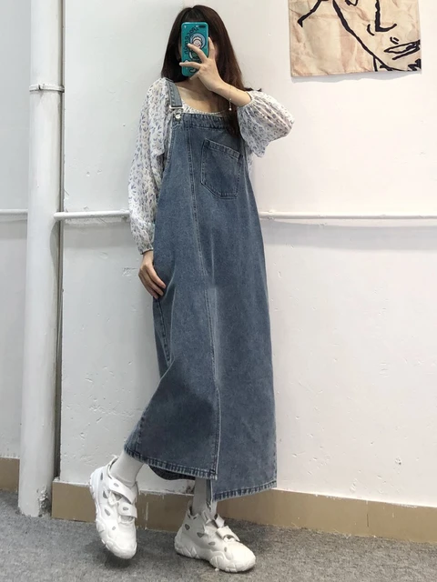 Robe Jean Longue En Denim Pour Femmes, Fente Irrégulière, Bretelles,  Vintage, Ample, Printemps, Été - Robes - AliExpress