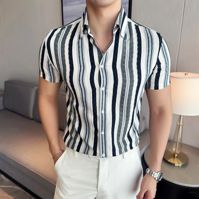 

2024Summer Striped Shirts Men Short Sleeve Slim Fit Casual Shirt Fashion Social Streetwear Men Clothing Camisa Masculina