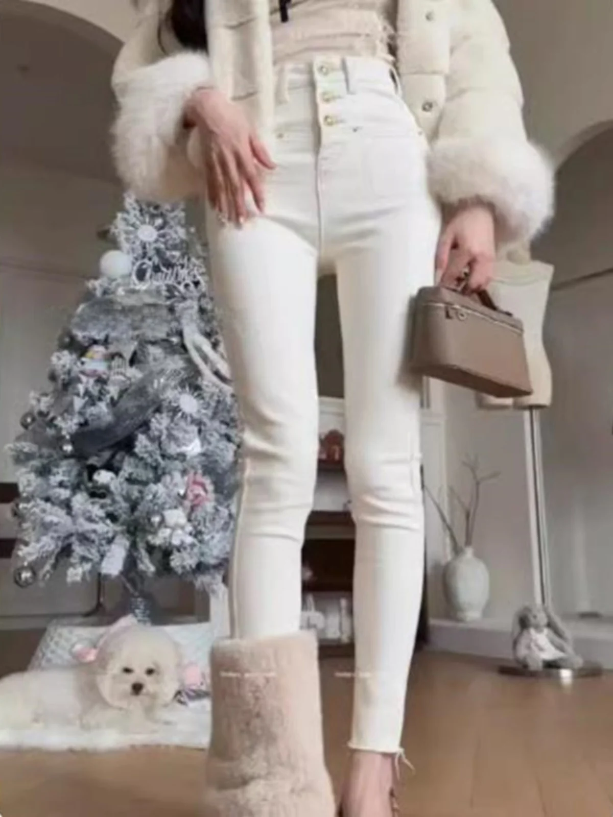 

High Waist Thiened Fce Lined Slim Fit Ankle Length Denim Jeans Women's Autumn Winter Faion Sli Casual Trousers