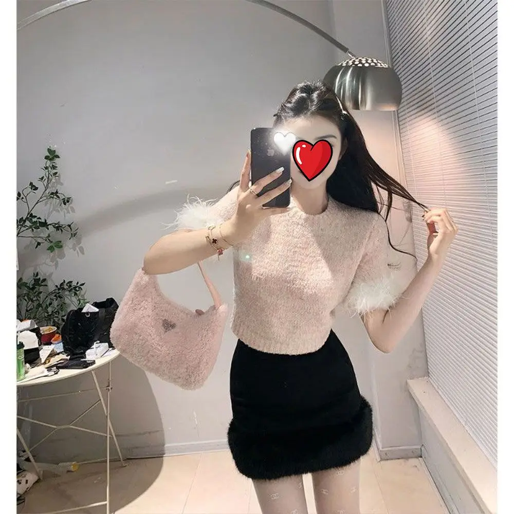 

Gagarich Hairy Sleeved Top Women Design Sense French High-end Feeling Short Loose Sweater T-shirt 2025 Spring New Style Girl