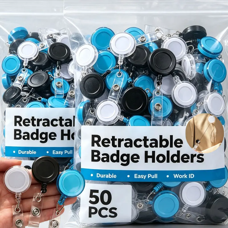 50--5pcs Flat Badge Reel Holder, Retractable ID Card Roller Clip, W/ Waist Buckle, Nylon Rope, Hospital Nurse & Office Display