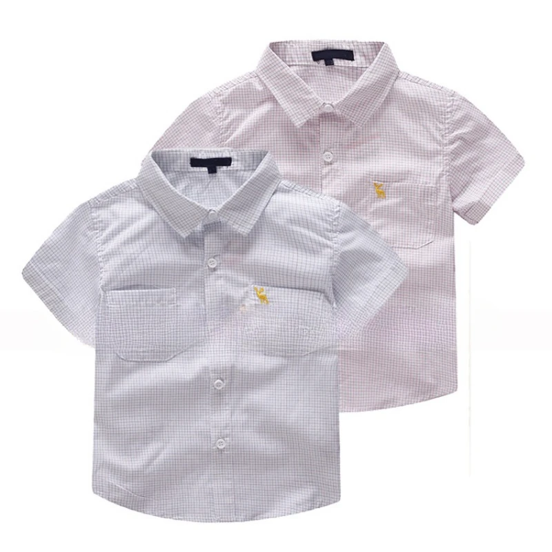 

Summer children's clothing for boys embroidery plaid cotton short-sleeved shirt