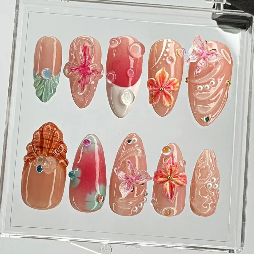 10Pcs Manicure Handmade Art Press on Nails Medium Almond Pattern ABS Nails 3D Shell Style Design Nail with Set