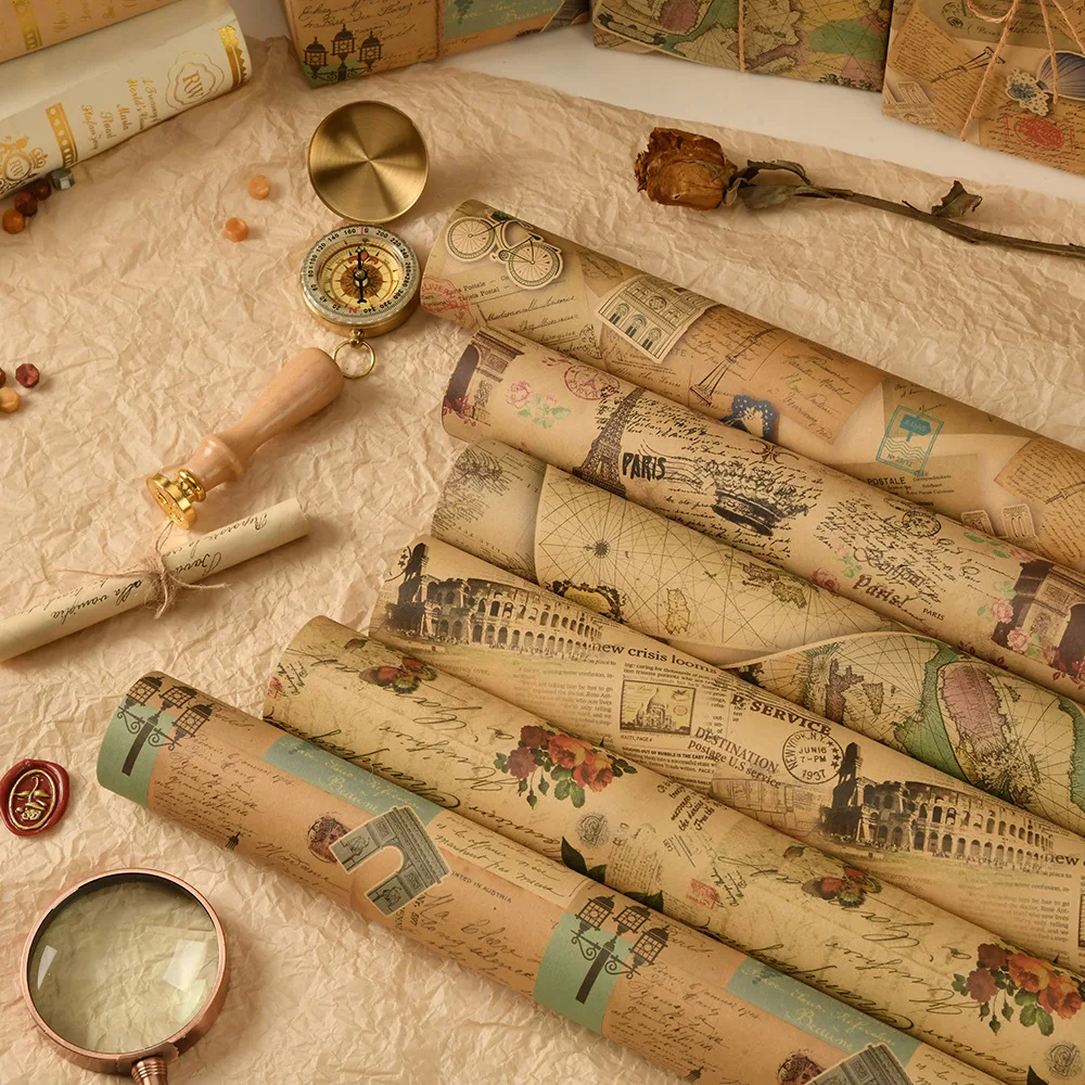 6 Pcs 50x70cm Per Roll Vintage Building Floral Craft Wrapping Paper Sheet Package for Holiday Gift Wrap Craft Paper Decor Gifts