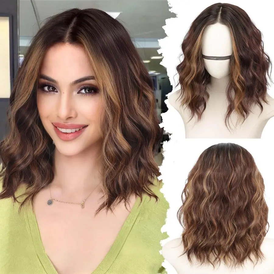

Brown with Highlights Short Wavy Bob Glueless Synthetic Fiber Lace Front Wigs for Women Pre Cut for Beginners Natural Hairline 1