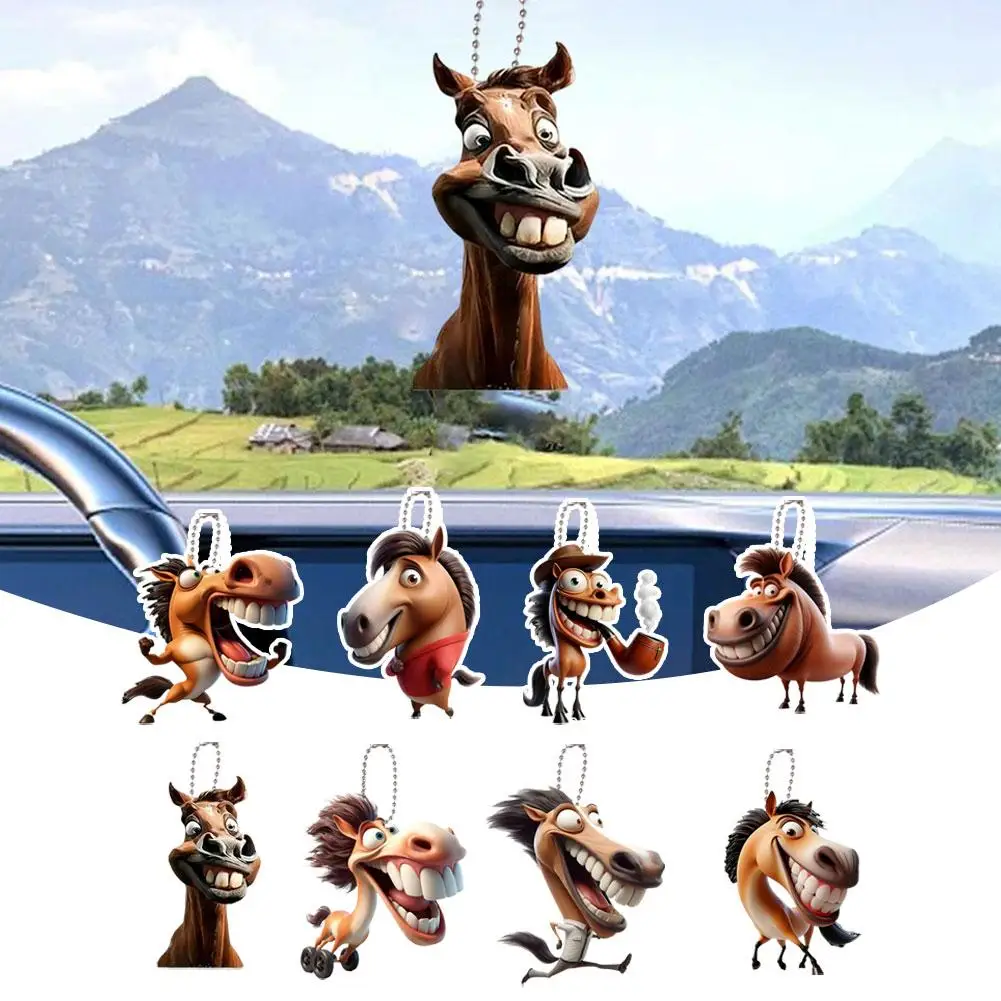 Cute 2D Big Mouth Horse RearView Mirror Pendant Auto Hanging Car Toys Interior Interior Animal Car Decoration Realistic Orn X9U4