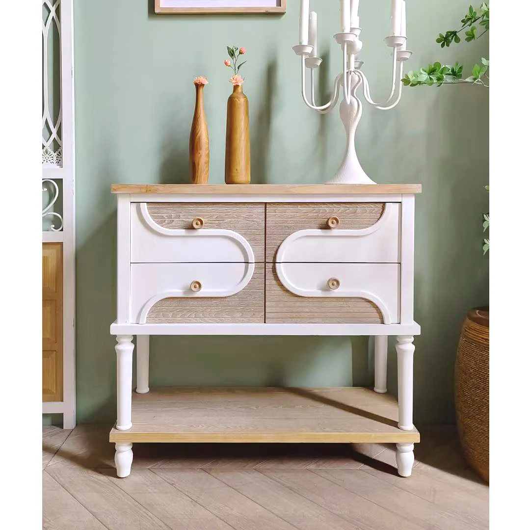 Rustikaler weißer Massivholz-Konsolenschrank im nordischen Stil für Wohnzimmer und Eingangsbereich mit Regal für den Bauernhaus-Stil.