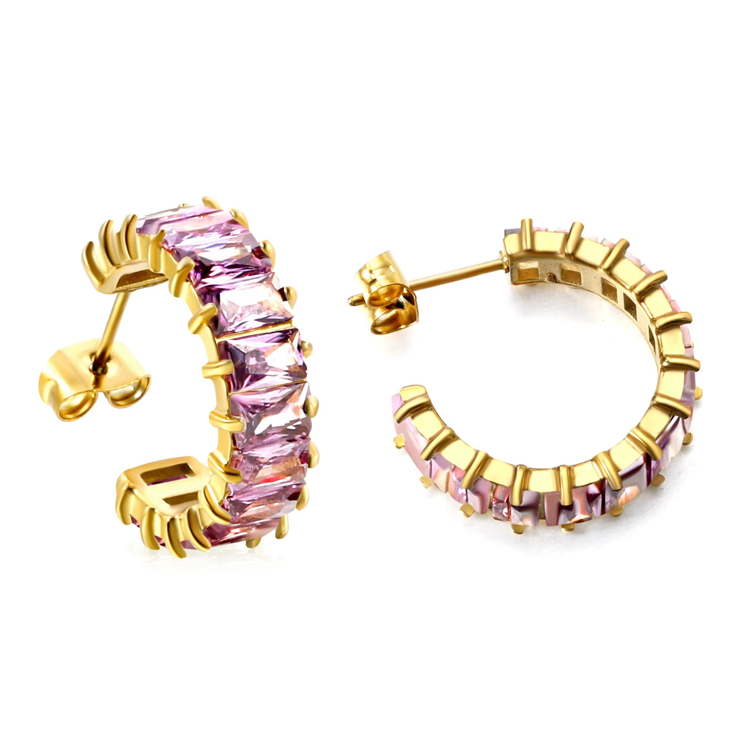 LUXUSTEEL New Design With Fashionable C-Shaped Strap Two Grasping Rectangular Orange Red Diamond Earrings Metal Stainless Steel